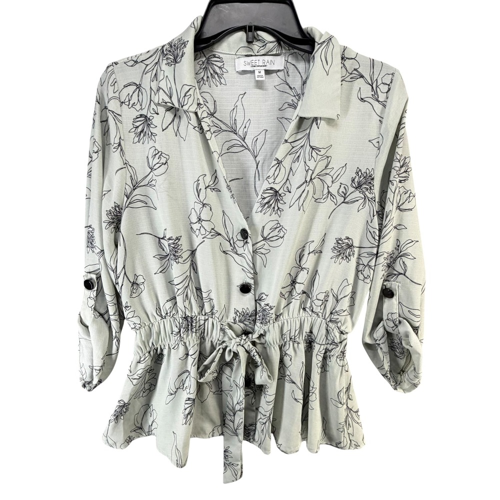 Sweet Rain Floral Peplum Top Womens M Gray Button Front Roll Tab Sleeve Romantic